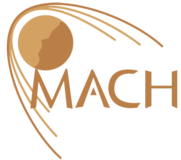The MACH logo, a sphere with lines curving around and past it.