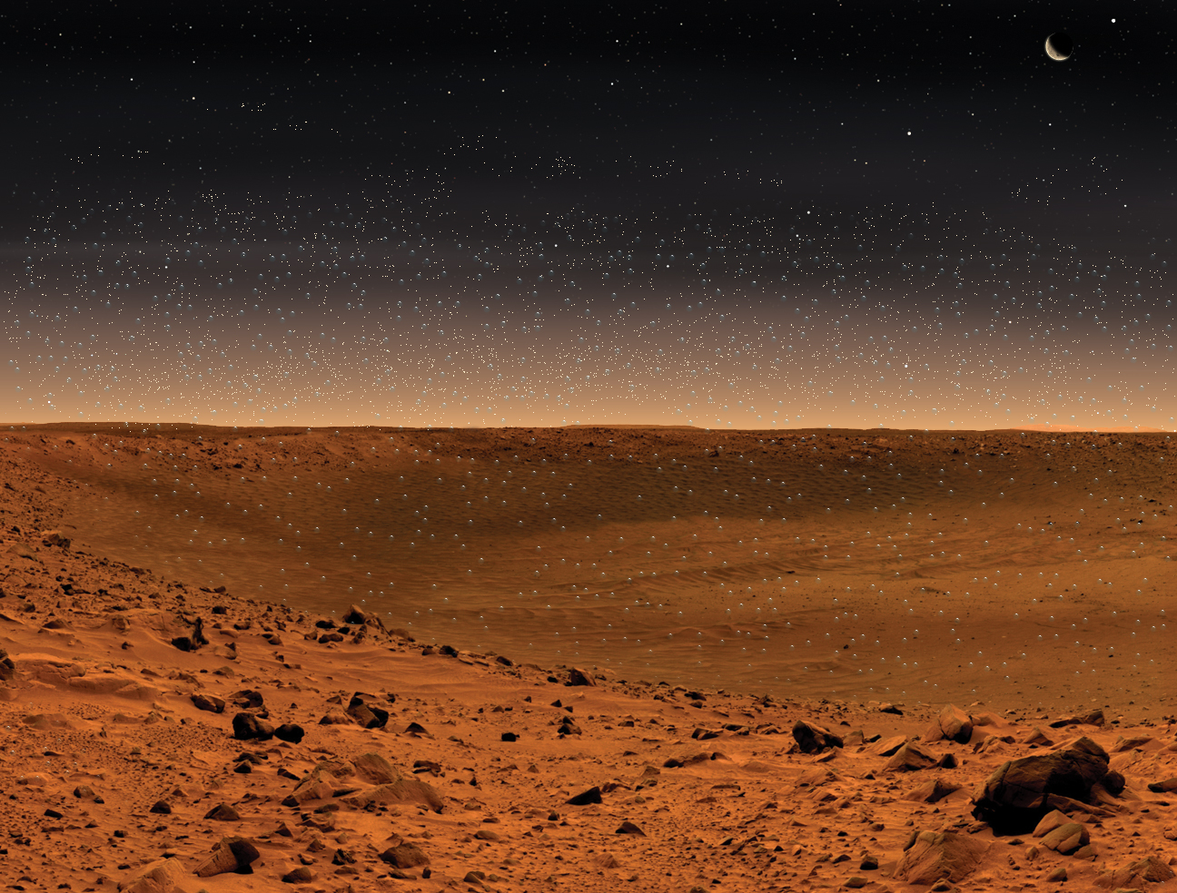 Mars landscape with dots representing water and oxygen