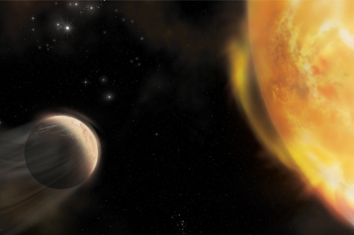 Illustration of an exoplanet near its host star, with atmosphere being removed by solar wind.