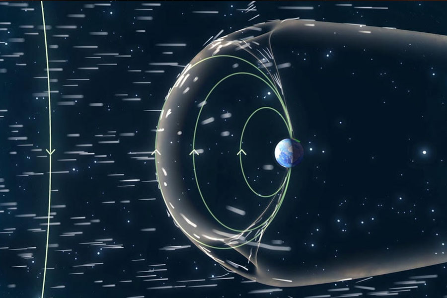 Illustration of Earth with green lines representing Earth's magnetic field. Short, horizontal white lines show solar wind, with a vertical line to represent the magnetic field of the solar wind.